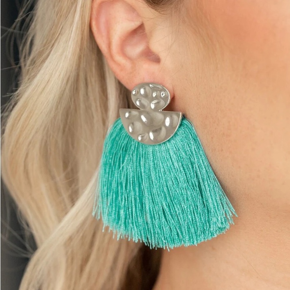 Silver and Teal Tassel Earrings